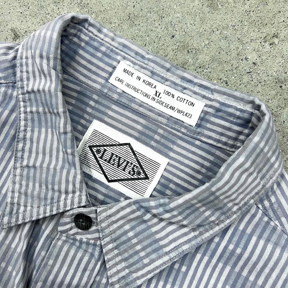 Vintage 90s Levi's Geometric Stripe Checker Button Up Shirt XL Blue Abstract - Picture 9 of 9